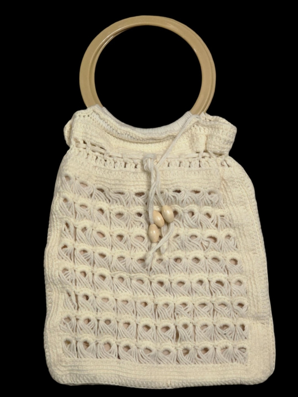 Retro 70s Cream Macrame Tote Purse Bag Wood Handles & Beads Hippy Boho
